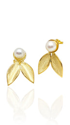 14k Gold Olive Leaf Earrings with Pearl