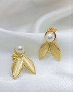 14k Gold Olive Leaf Earrings with Pearl