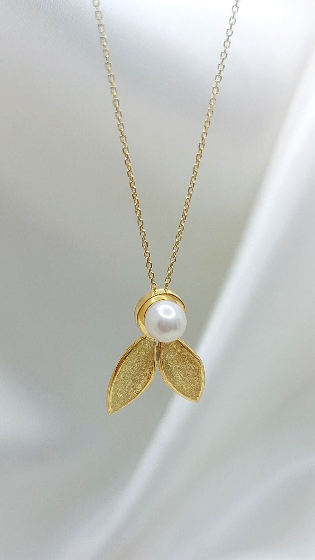 Gold Olive Leaf Necklace with Pearls