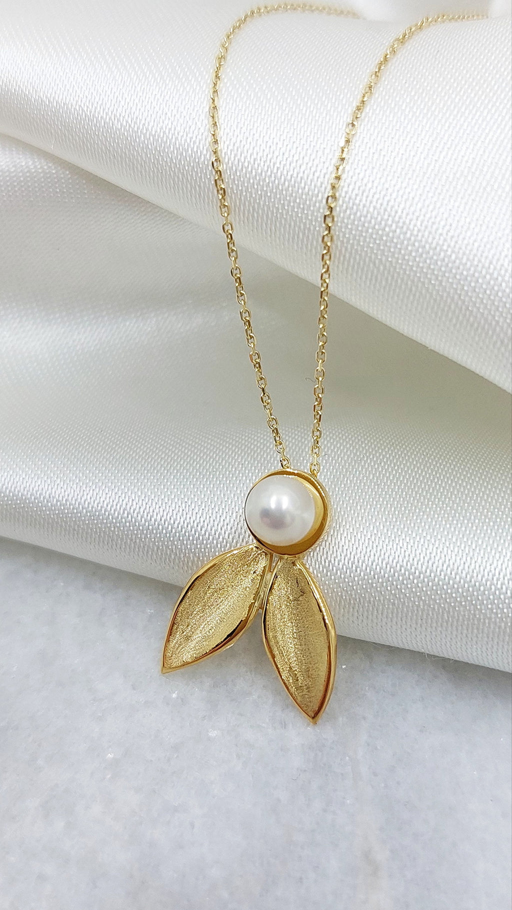 Gold Olive Leaf Necklace with Pearls