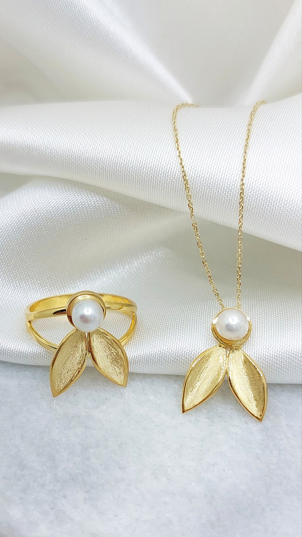 Gold Olive Leaf Necklace with Pearls