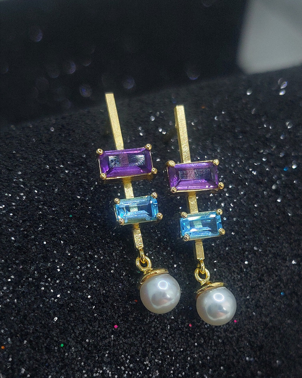 IRIS 14k Gold Amethyst, Topaz & Pearl Earrings