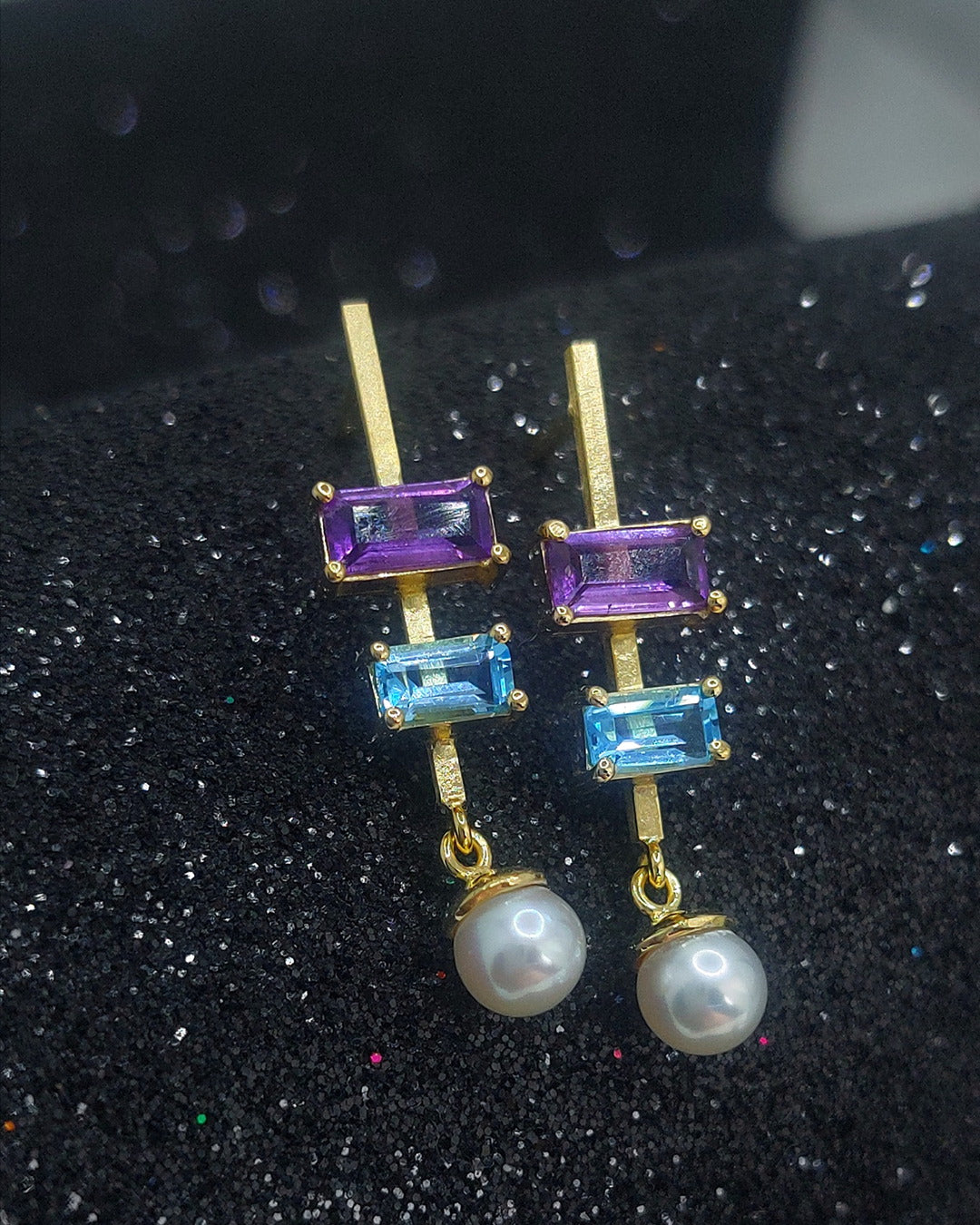 IRIS 14k Gold Amethyst, Topaz & Pearl Earrings