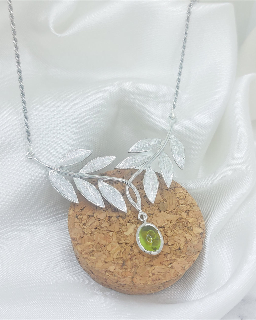 Handmade Silver Olive Leaf Necklace with Peridot