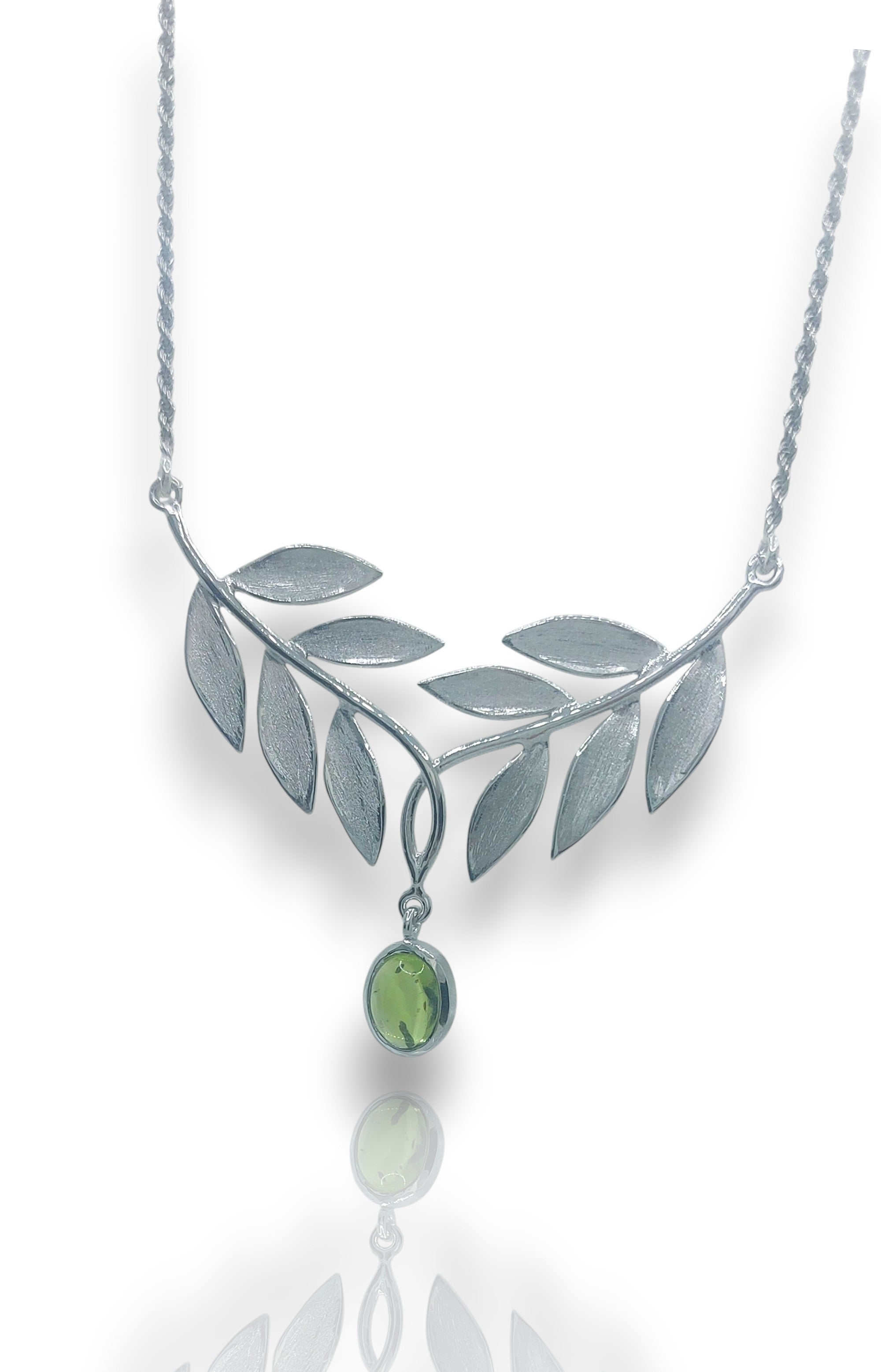 Handmade Silver Olive Leaf Necklace with Peridot