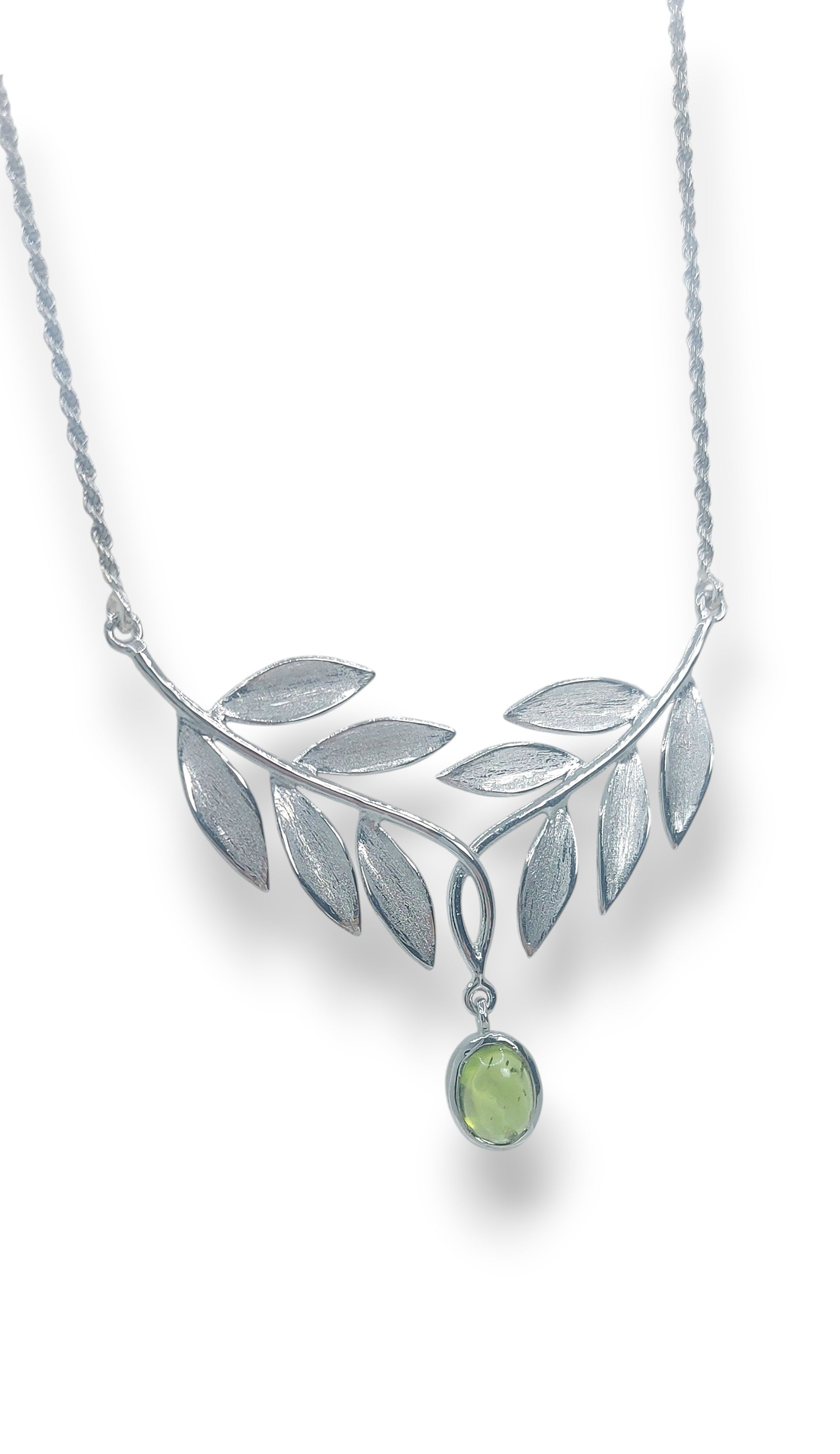 Handmade Silver Olive Leaf Necklace with Peridot